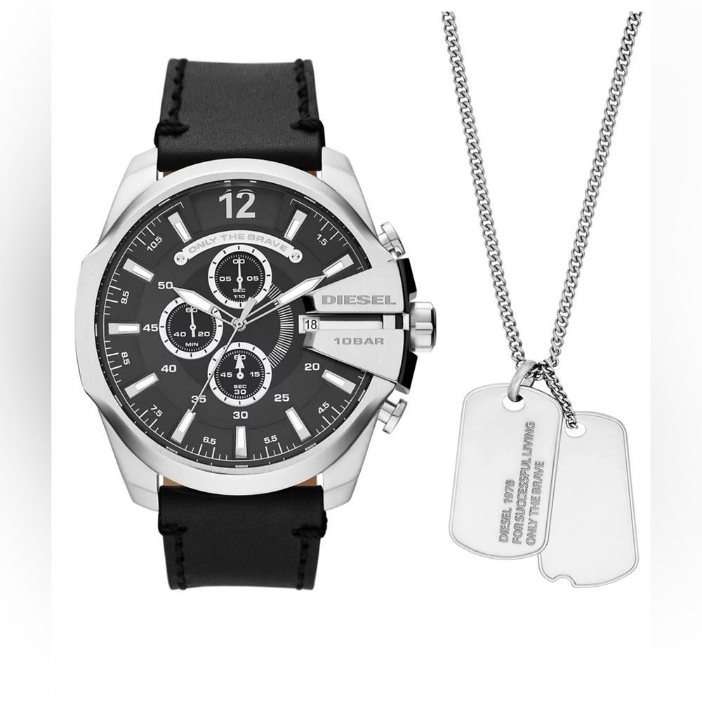Diesel Men's Mega Chief Chronograph Black Leather Watch And Necklace Set